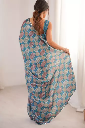 blue chinon printed saree with mirror work border