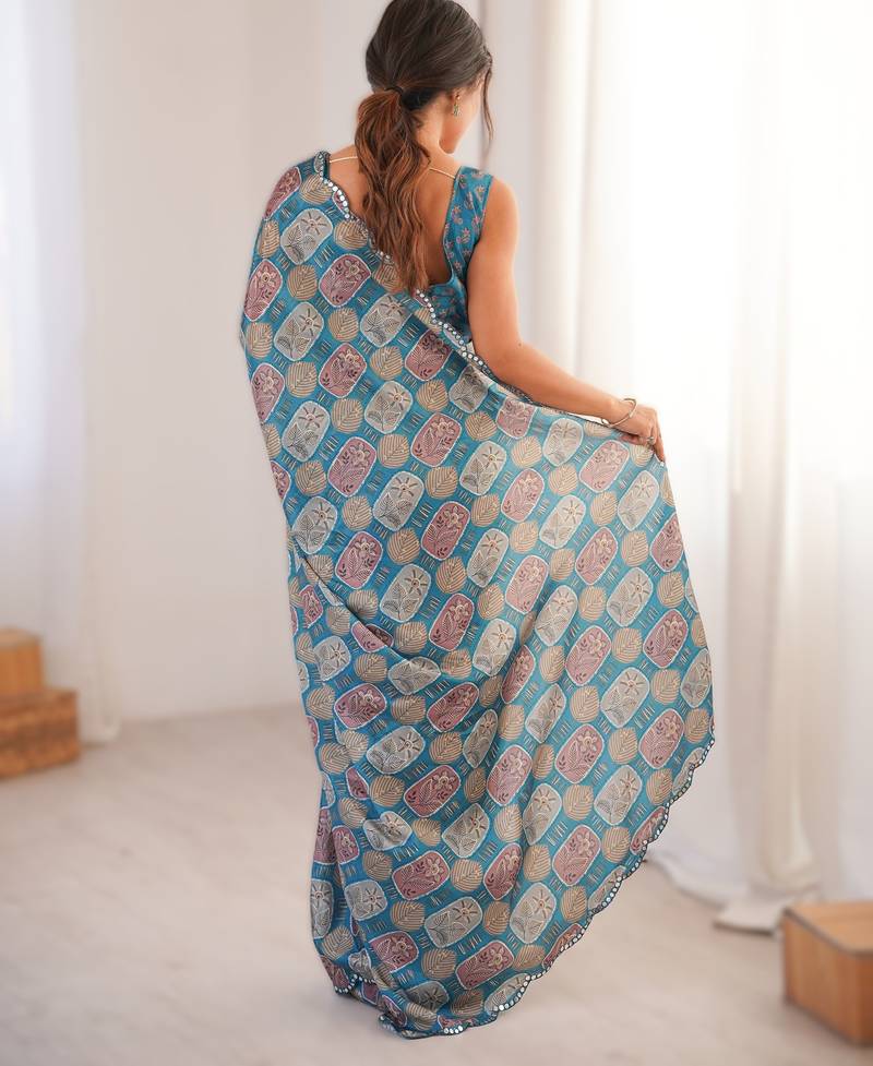 blue heavy chinon printed saree with mirror work border