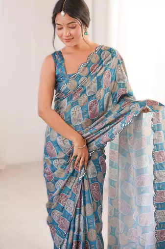 blue chinon printed saree with mirror work border