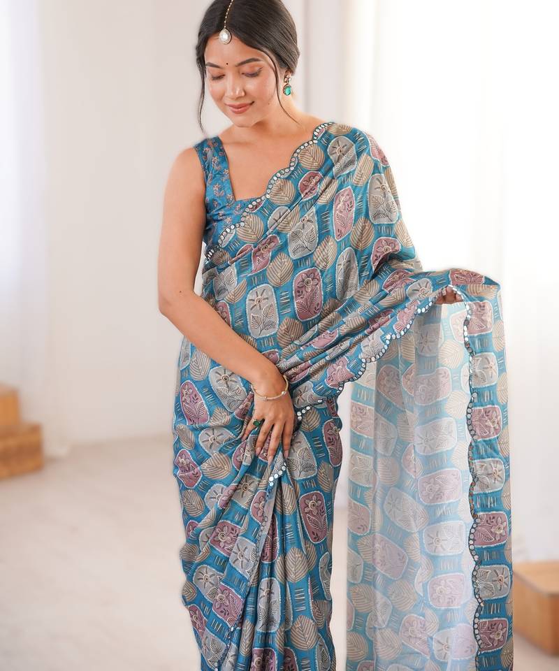 blue heavy chinon printed saree with mirror work border