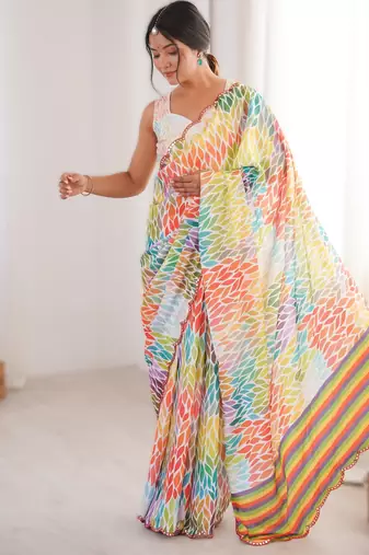 multicolor   heavy chinon printed saree with mirror work border