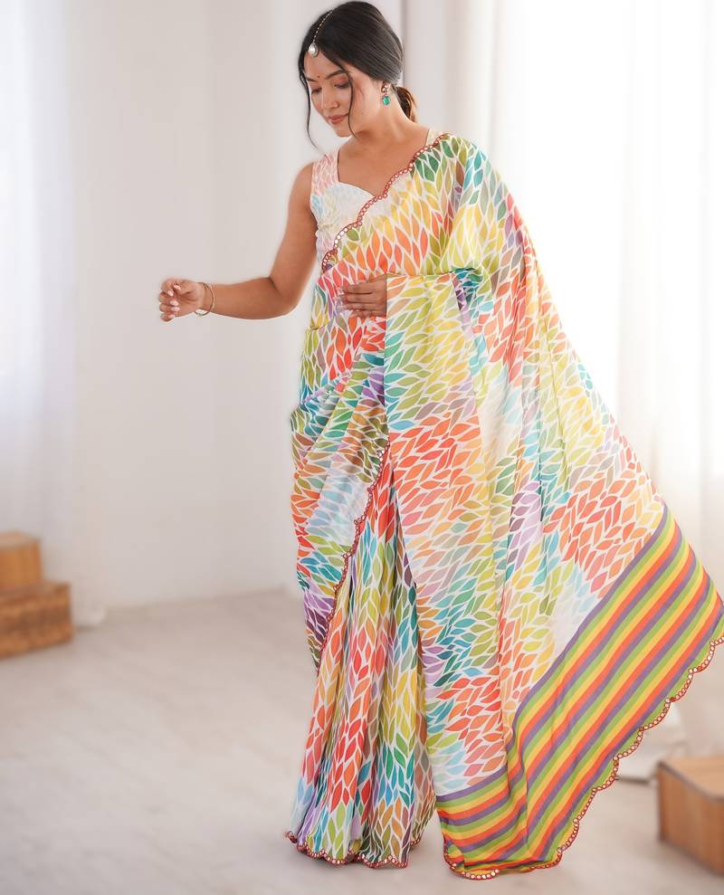 multicolor   heavy chinon printed saree with mirror work border