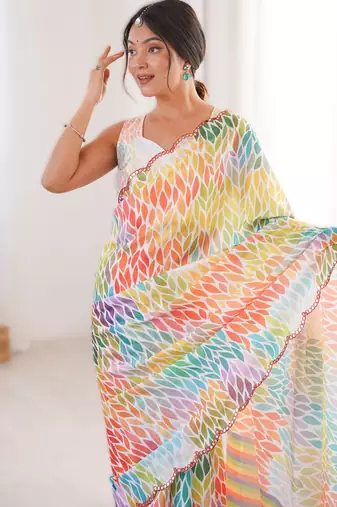 multicolor chinon printed saree with mirror work border