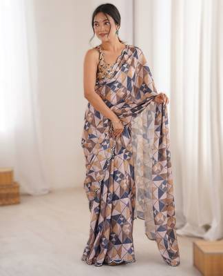 cream chinon printed saree with mirror work border 1