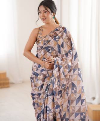 cream chinon printed saree with mirror work border 3