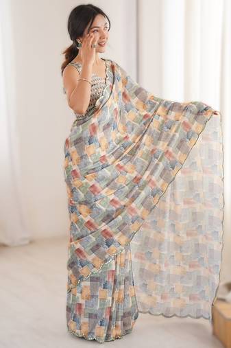 Multicolor  heavy chinon printed saree with mirror work border