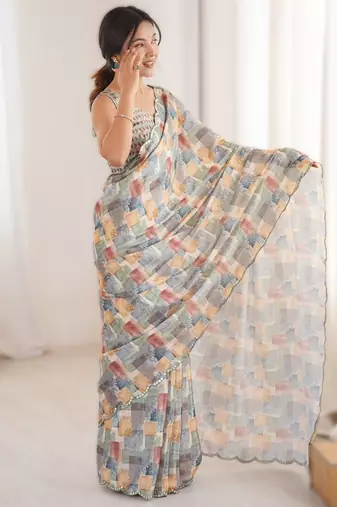 Multicolor  heavy chinon printed saree with mirror work border