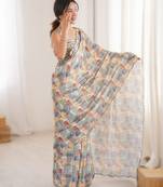 Multicolor  heavy chinon printed saree with mirror work border