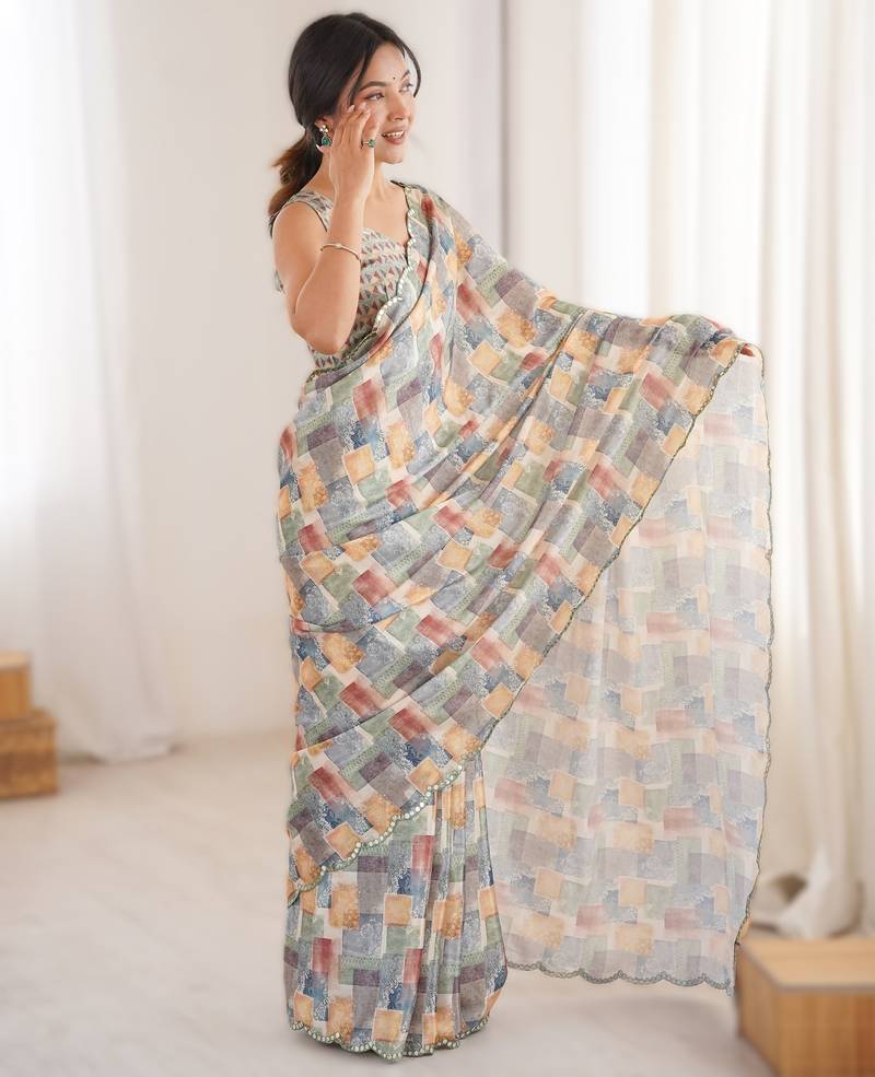 Multicolor  heavy chinon printed saree with mirror work border