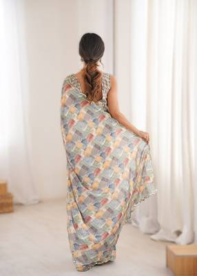 Multicolor chinon printed saree with mirror work border 2