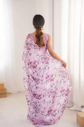 Levender chinon printed saree with mirror work border
