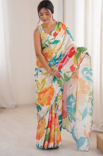 White heavy chinon printed saree with mirror work border