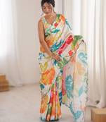 White heavy chinon printed saree with mirror work border