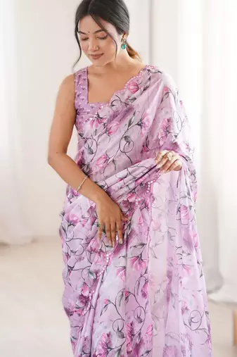 Levender chinon printed saree with mirror work border