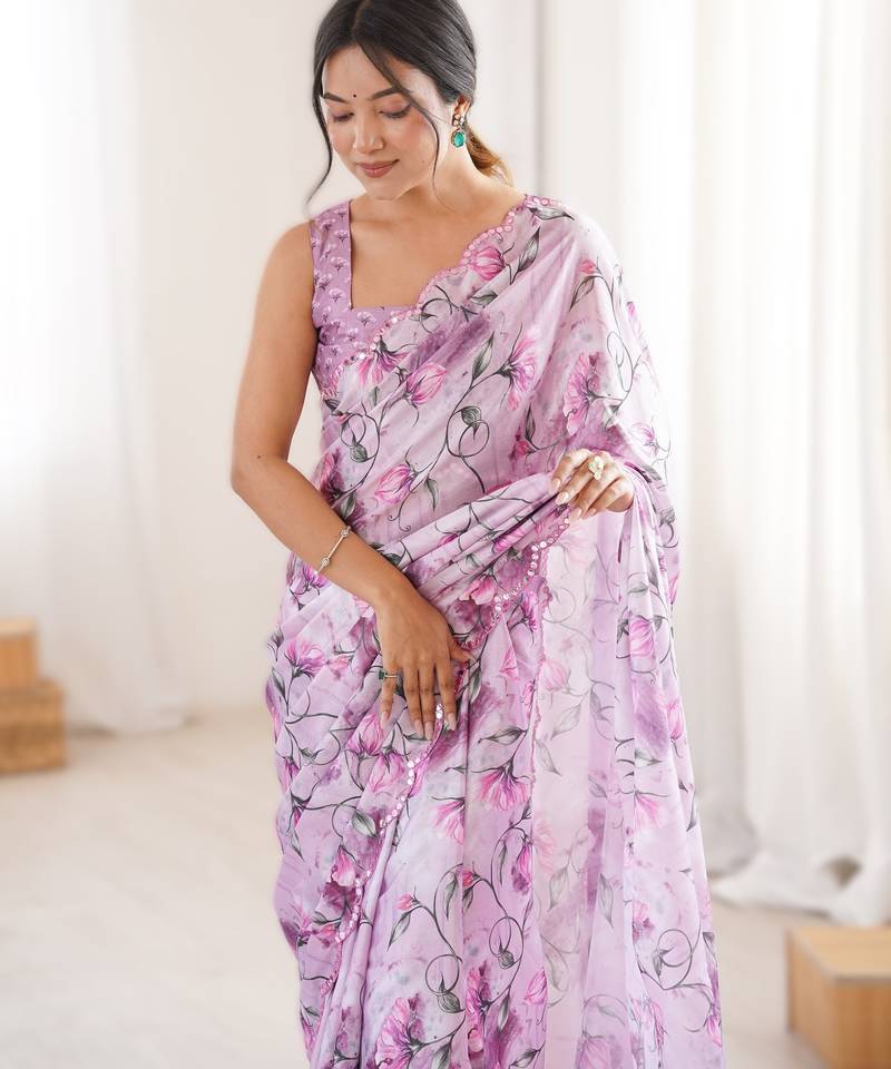 Levender heavy chinon printed saree with mirror work border