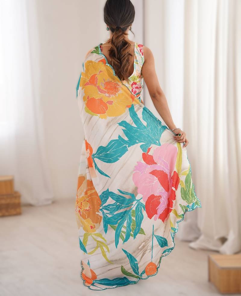 White heavy chinon printed saree with mirror work border