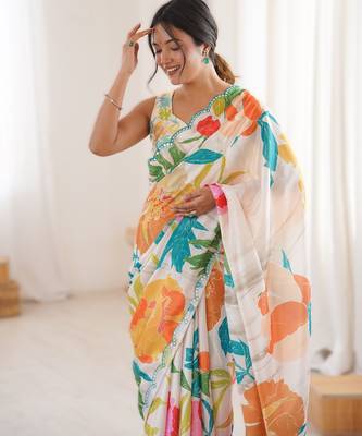 White chinon printed saree with mirror work border 3