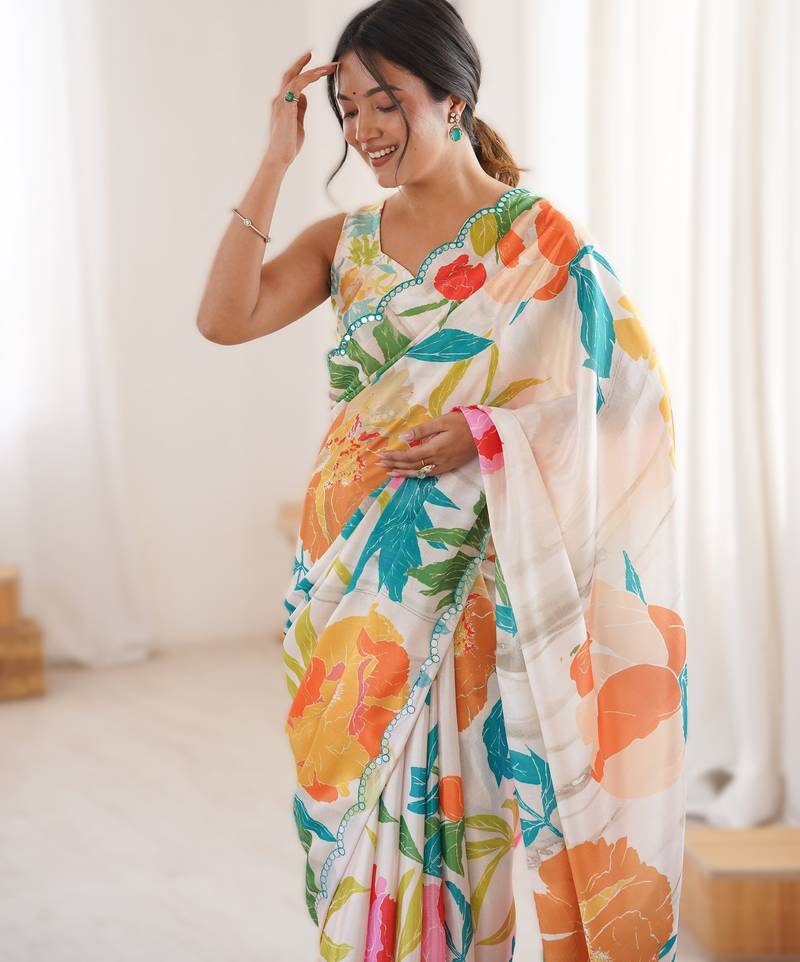 White heavy chinon printed saree with mirror work border