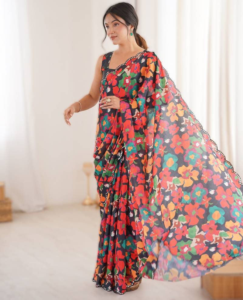 Multicolor heavy chinon printed saree with mirror work border