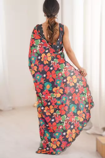 Multicolor chinon printed saree with mirror work border