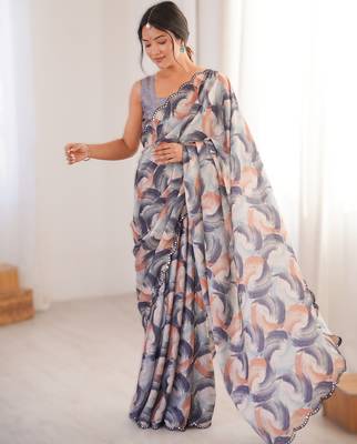 Pruple chinon printed saree with mirror work border 1