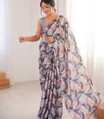 Pruple heavy chinon printed saree with mirror work border