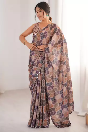 Peach heavy chinon printed saree with mirror work border
