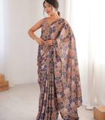 Peach heavy chinon printed saree with mirror work border