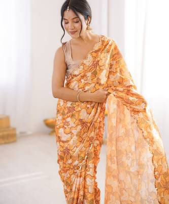 Yellow chinon printed saree with mirror work border 3