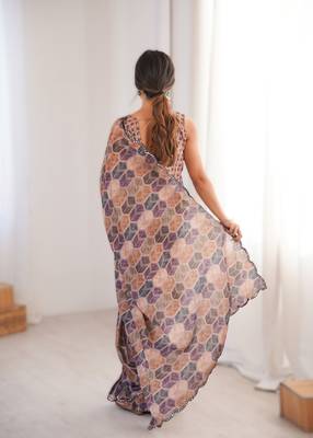 Peach chinon printed saree with mirror work border 2