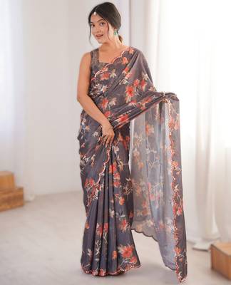 Dark grey chinon printed saree with mirror work border 1