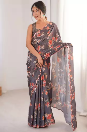 Dark grey heavy chinon printed saree with mirror work border