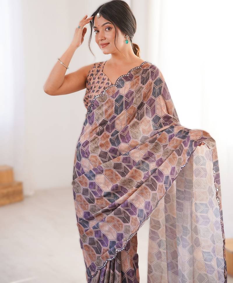 Peach heavy chinon printed saree with mirror work border