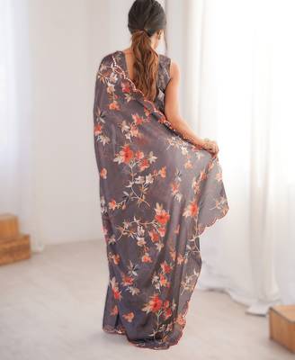 Dark grey chinon printed saree with mirror work border 2