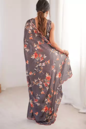 Dark grey chinon printed saree with mirror work border