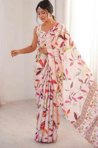 Off white heavy chinon printed saree with mirror work border