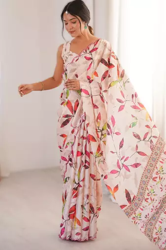 Off white heavy chinon printed saree with mirror work border