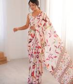Off white heavy chinon printed saree with mirror work border