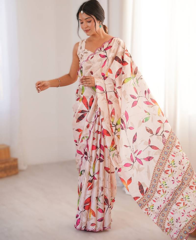 Off white heavy chinon printed saree with mirror work border