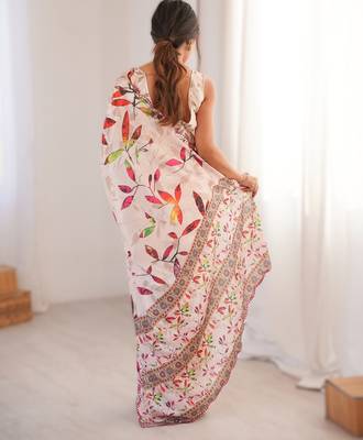 Off white chinon printed saree with mirror work border 2