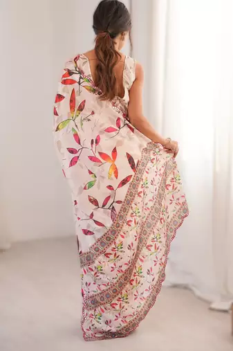 Off white chinon printed saree with mirror work border