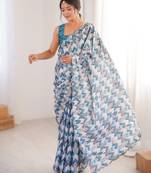 Blue heavy chinon printed saree with mirror work border