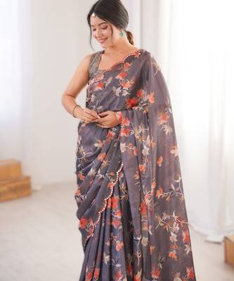 Dark grey chinon printed saree with mirror work border 3
