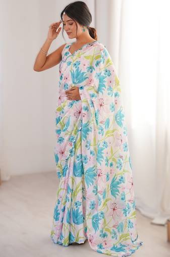 White heavy chinon printed saree with mirror work border