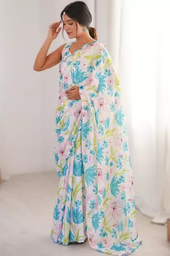 White heavy chinon printed saree with mirror work border