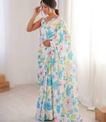 White heavy chinon printed saree with mirror work border