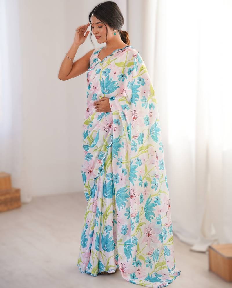 White heavy chinon printed saree with mirror work border