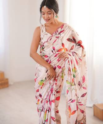 Off white chinon printed saree with mirror work border 3