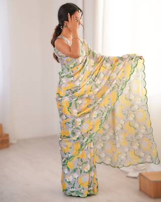 Light grey chinon printed saree with mirror work border 1