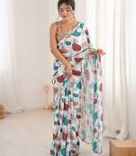 White heavy chinon printed saree with mirror work border